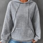 Small Plaid Pocket Long Sleeved Solid Color Top Hoodie
