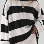 Loose Striped Sweater Fashion Casual Long Batwing Sleeve Round Neck Pullover Knit Tops Women Clothing
