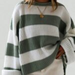 Loose Striped Sweater Fashion Casual Long Batwing Sleeve Round Neck Pullover Knit Tops Women Clothing