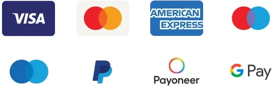 Accepted payment methods including Visa, Mastercard, American Express, Maestro, PayPal, Payoneer and Google Pay