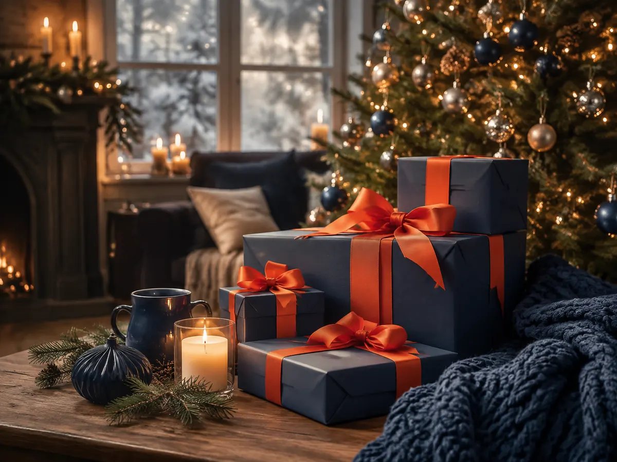 Cozy winter holiday gifts in a warmly lit home